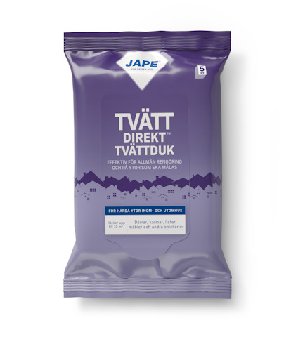 Paket med blå och vit design, text: "TVÄTT DIREKT" och "JAPE". Förpackningen innehåller 5 tvättdukar.