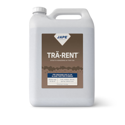 Vit plastbehållare med etiketten "TRÄ-RENT" från Jape, innehåll 5 liter.