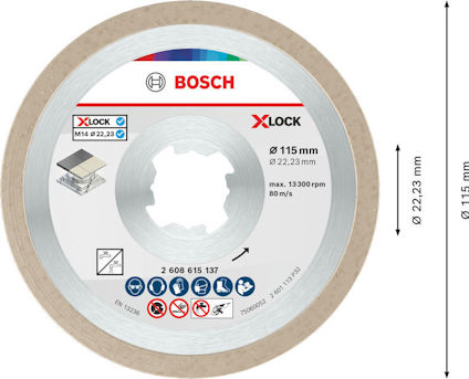 Rund kapskiva från Bosch med X-LOCK-system, 115 mm diameter. Maximalt 13,300 rpm, 80 m/s. Har flera säkerhetssymboler.