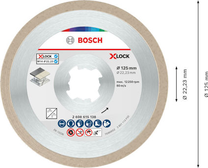 Rund Bosch X-Lock kapskiva, diameter 125 mm, max 12,250 rpm, centrumhål 22,23 mm.