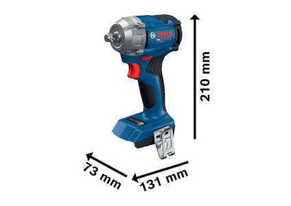 Elektrisk skruvdragare med måtten 73 mm, 131 mm, och 210 mm, märkt Bosch Professional.