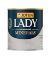 Förpackning med kalkfärg Jotun Lady Minerals, mörkblå och grå design med text och logotyp.