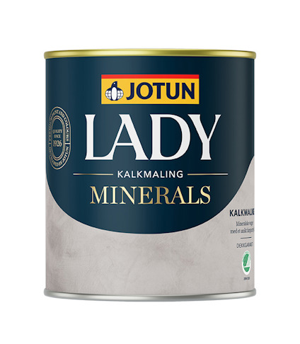 Förpackning med kalkfärg Jotun Lady Minerals, mörkblå och grå design med text och logotyp.