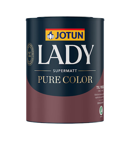 Jotun burk med väggfärg Lady Pure Color, mörk etikett med vitt och gult tryck, 0,68 L.