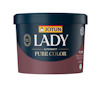 Färgkanna med etikett "Jotun Lady Supermatt Pure Color" i blått och vitt på en mörkröd bakgrund.