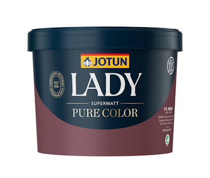 Färgkanna med etikett "Jotun Lady Supermatt Pure Color" i blått och vitt på en mörkröd bakgrund.