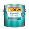 Burk med Jotun Superheft Grunning interiörfärg, turkos etikett med gul logotyp och text om ytförbättring.