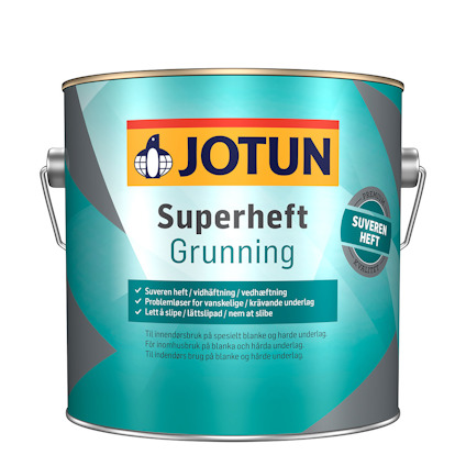 Burk med Jotun Superheft Grunning interiörfärg, turkos etikett med gul logotyp och text om ytförbättring.
