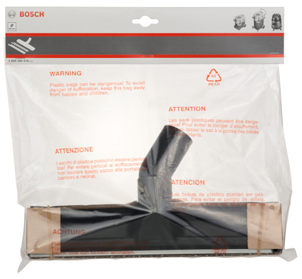Förpackning med Bosch rördel i plast, varningstext på flera språk angående kvävningsrisk.