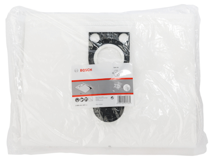 Plastförpackning med ett Bosch dammsugarfilter, etikett med produktinformation och logotyp.