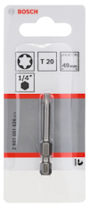 Förpackning med Bosch skruvbits T20, 49 mm lång, 1/4 tum. Leverantörsnummer: 2 607 001 636.