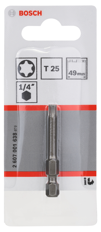 Förpackning med Bosch-skruvbits, Torx T25, längd 49 mm, 1/4 tum.