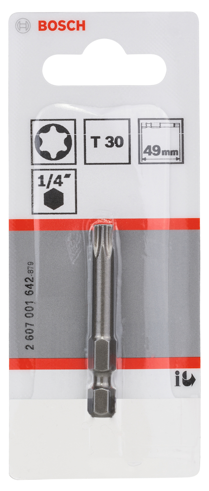Förpackning med Bosch T30 bits, storlek 1/4 tum och längd 49 mm.