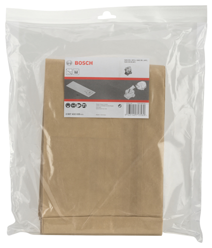 Brun dammsugarpåse i pappersmaterial förpackad i en genomskinlig plastpåse med etikettmärkning "Bosch".
