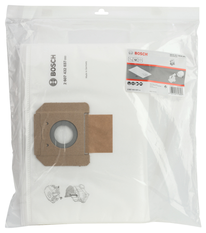 Stoftsäcksfilter i plastpåse med Bosch-logga och produktspecifikationer på etiketten.