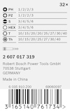 Etikett med skruvbitsstorlekar: PH, PZ, S, HEX, T, Th; företagsinfo: Robert Bosch Power Tools GmbH, Stuttgart, Made in China.