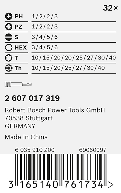Etikett med skruvbitsstorlekar: PH, PZ, S, HEX, T, Th; företagsinfo: Robert Bosch Power Tools GmbH, Stuttgart, Made in China.