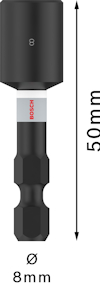 Hylsbits adapter, svart, märkt "Bosch", med text "8" och "50 mm". Diameter anges som "8 mm".