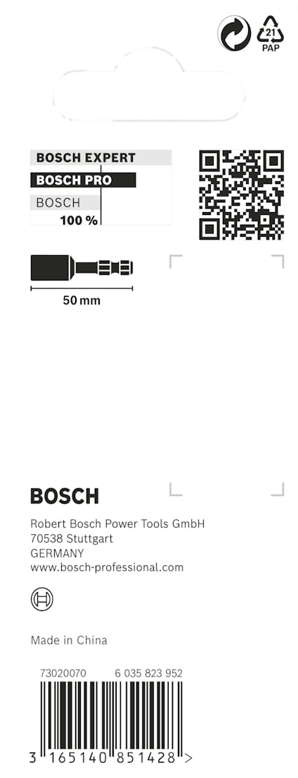 Förpackning med Bosch bit 50 mm, QR-kod, text om Bosch Expert och Bosch Pro, och streckkod längst ner.