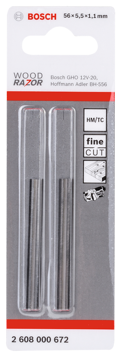 Förpackning med två Bosch HM/TC Wood Razor-blad, 56 x 5,5 x 1,1 mm. Märkt med "fine cut" och artikelnummer 2 608 000 672.