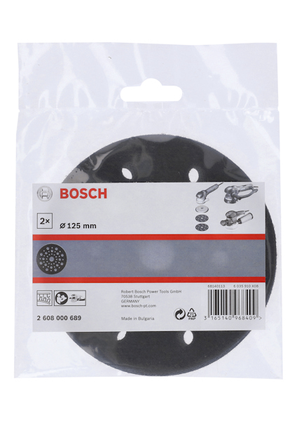 Förpackning med Bosch slippapper, 125 mm i diameter, 2-pack.