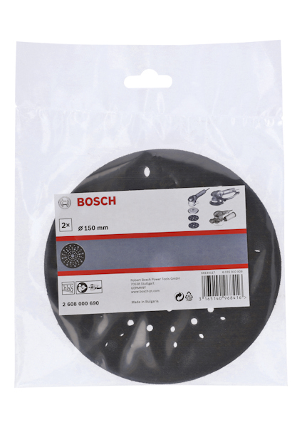 Förpackning med Bosch sliprondeller, Ø 150 mm, 2 st, visas i transparent plast med tryckt etikett.