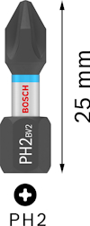 Skruvbits med Bosch-logotyp, PH2-profil och en längd på 25 mm enligt angränsande pilar.