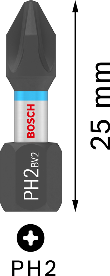 Skruvbits med Bosch-logotyp, PH2-profil och en längd på 25 mm enligt angränsande pilar.