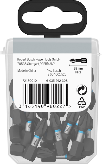 Förpackning med PH2 skruvbits 25 mm. Märkt "Robert Bosch Power Tools GmbH". Streckkod 6 035 912 308.