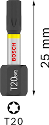 Bits för skruvdragare med Torx T20-spår, märkning "BOSCH" och "T20 BV2", längd 25 mm.