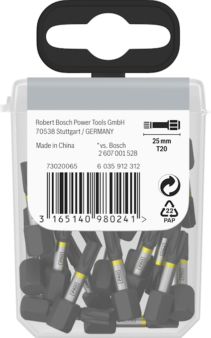 Förpackning med svarta skruvbits med gult band, 25 mm T20. Text inkluderar tillverkningsdetaljer och streckkod.