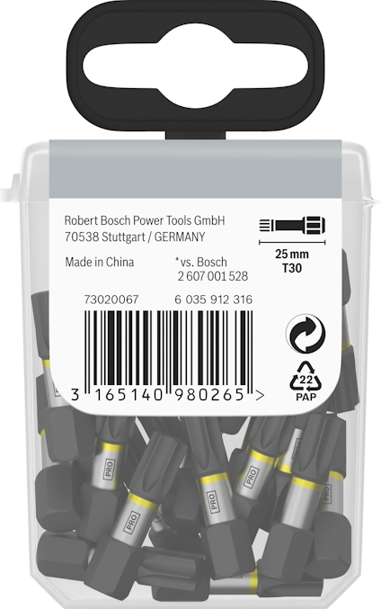 Förpackning med Bosch skruvbits, 25 mm T30, 12-pack.