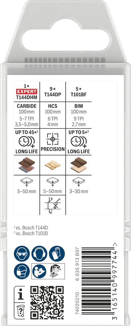 Plastförpackning med sticksågblad, märkning som "EXPERT T144DHM, T144DP, T101BF", visar kapacitet och material. Koder och symboler finns.
