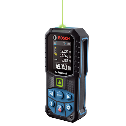 Lasermätare från Bosch Professional med upplyst skärm och gröna och röda knappar för funktioner. Mäter 49,043 meter.