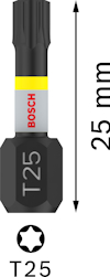 Svart och grå T25 bits från Bosch, längd 25 mm, med pil som indikerar längden.
