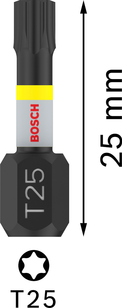 Svart och grå T25 bits från Bosch, längd 25 mm, med pil som indikerar längden.