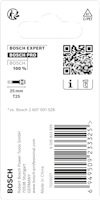 Förpackning med text: "Bosch Expert", "Bosch Pro", "Bosch 100%", "25 mm T25". QR-kod, streckkod och kontaktinformation.