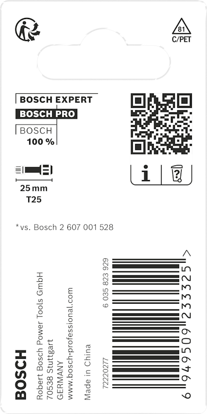 Förpackning med text: "Bosch Expert", "Bosch Pro", "Bosch 100%", "25 mm T25". QR-kod, streckkod och kontaktinformation.
