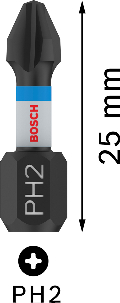 Skruvbits PH2, 25 mm, Bosch-logotyp, pil som pekar uppåt bredvid texten "25 mm".