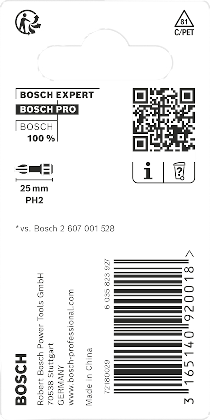 Förpackning med Bosch skruvbits PH2, 25 mm. QR-kod, EAN 3165140920018, tillverkad i Kina.