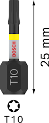 Bits för skruvmejsel, märkning "T10", längd 25 mm, stjärnformad spets, Bosch-logotyp.
