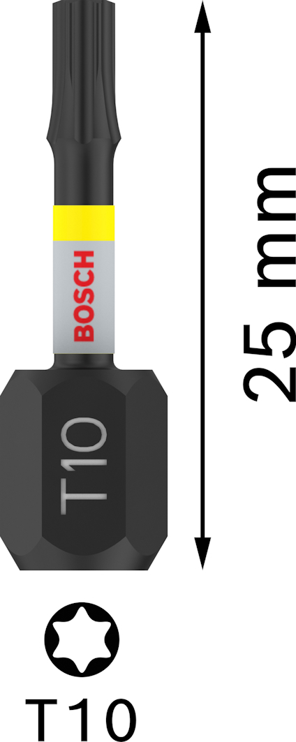 Bits för skruvmejsel, märkning "T10", längd 25 mm, stjärnformad spets, Bosch-logotyp.