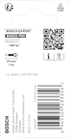 Baksida av Bosch Expert-förpackning med text, QR-kod och streckkod. 25 mm T10, 100% Bosch. Tillverkad i Kina.