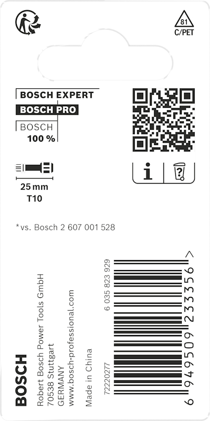 Baksida av Bosch Expert-förpackning med text, QR-kod och streckkod. 25 mm T10, 100% Bosch. Tillverkad i Kina.