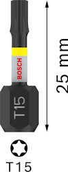 Borrskruvbits T15 från Bosch, 25 mm lång, med sexkantig bas och stjärnformad spets.