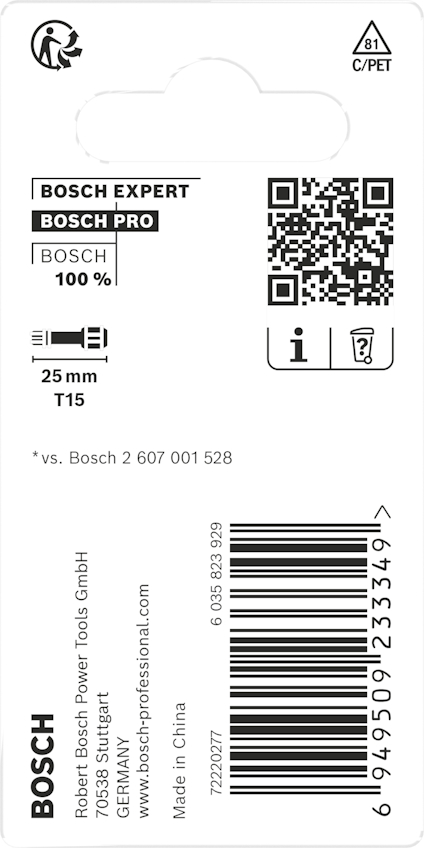 Förpackning med text: "Bosch Expert", "Bosch Pro", "25 mm", "T15", streckkod, QR-kod och återvinningssymbol.