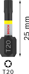 Bits med T20-spets, längd 25 mm. Märkt med "BOSCH" och har en gul och grå markering.