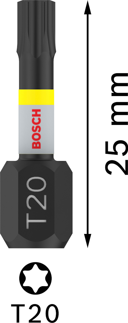 Bits med T20-spets, längd 25 mm. Märkt med "BOSCH" och har en gul och grå markering.