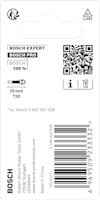 Förpackning med Bosch-skruvbitsinformation, inklusive QR-kod, streckkod, och text som "25 mm T20".