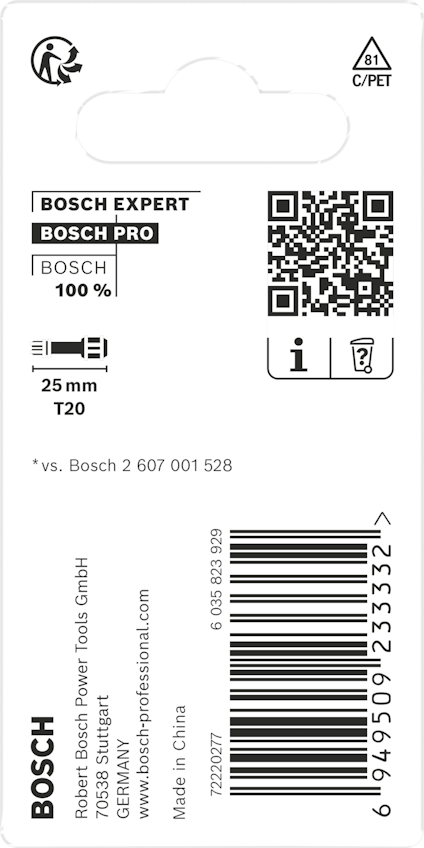 Förpackning med Bosch-skruvbitsinformation, inklusive QR-kod, streckkod, och text som "25 mm T20".